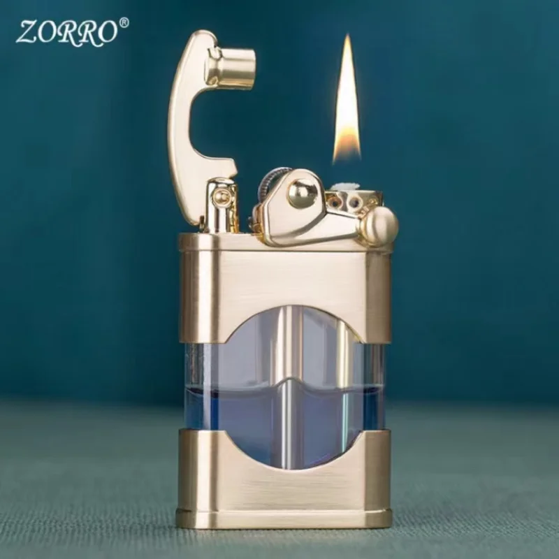 ZORRO New Windproof Metal Kerosene Lighter Transparent Oil Tank Creative Retro Flint Petroleum Lighters Smoking Accessories