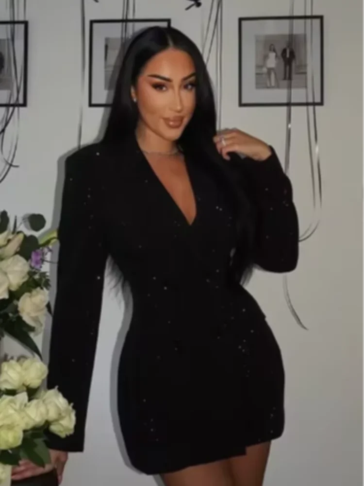 エレガントなスパンコール輝くブレザー風ラペルワンピース、シックなダブルブレスト、フルスリーブ、ポケット付きローブ、女性用、2026年春新作、パーティー、イブニングウェア