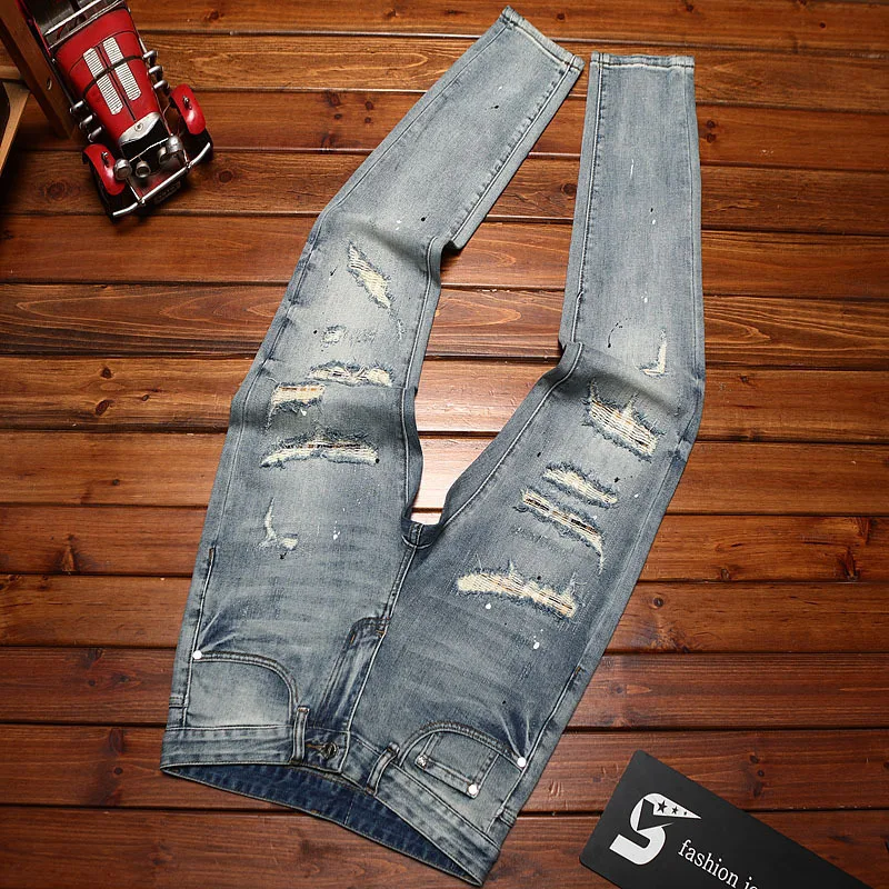 جينز ممزق للرجال، كشط ويرني، صيفي بقصة ضيقة، أقدام صغيرة، مرن، عصري، حنين، سراويل طويلة قديمة #4