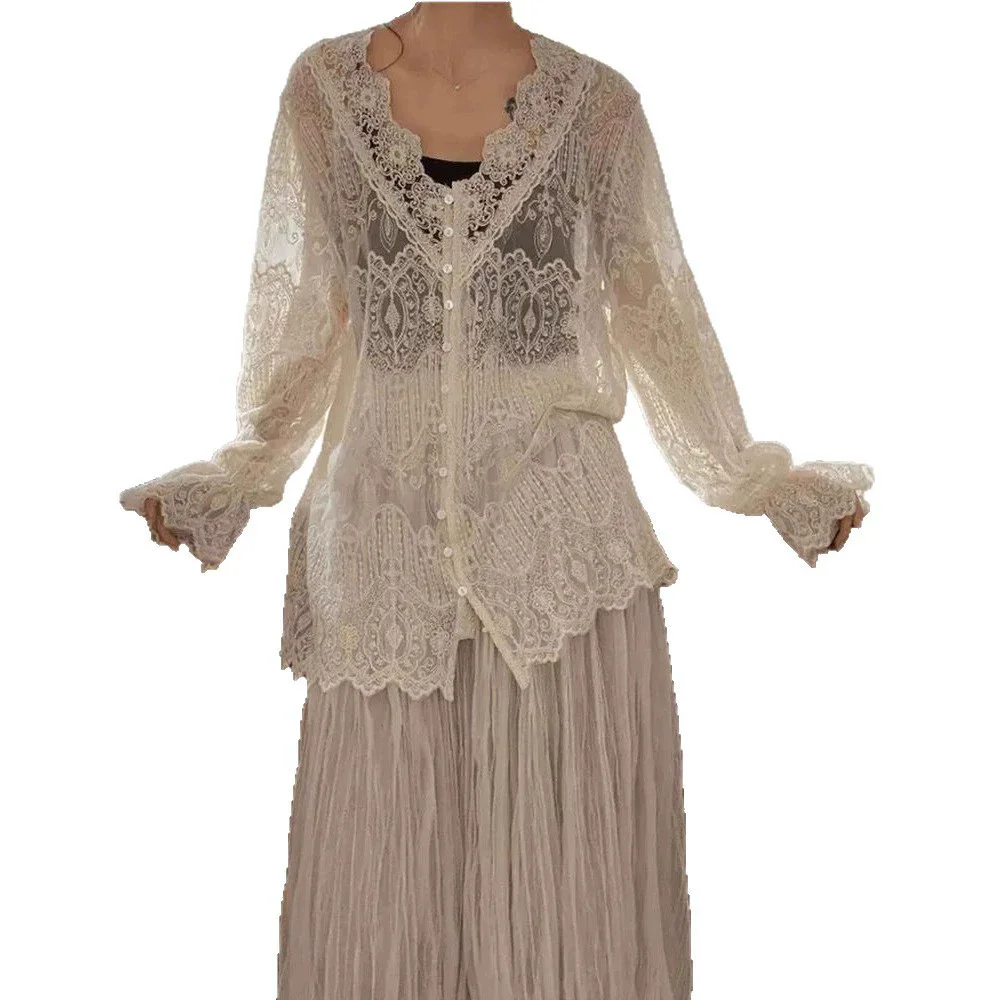 Women's Beige Transparent Lace Shirt Elegant V-neck Long Sleeve Button-up Cardigan Boho Style Summer Cover Up Clothes