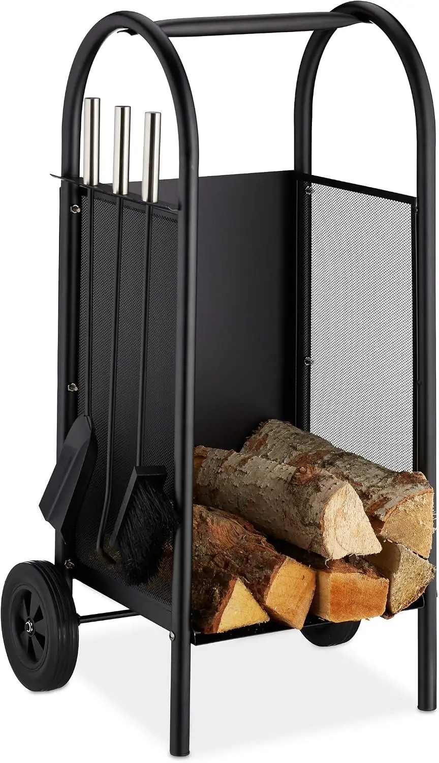Firewood Cart with Companion, Steel Holder, 3-Piece Tool Set, Shovel, Broom & Poker, Black, plastic, rubber, 81 x 42 x 37 cm,100