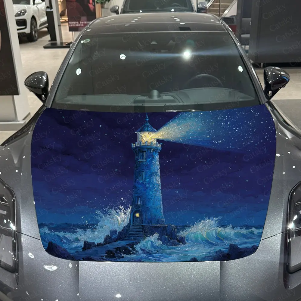 Lighthouse In The Sea Car Hood Decal, Durable PVC Vinyl Wrap For Most Vehicles, Engine Cover Protective Film, Realistic Pattern