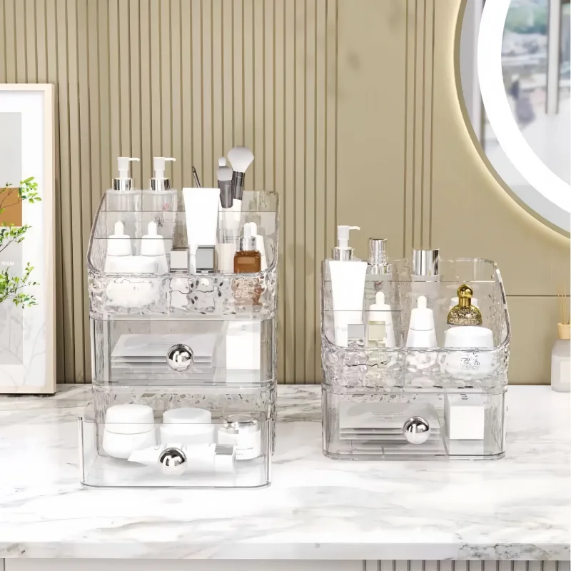 Caja de almacenamiento de maquillaje transparente ondulada, armario de almacenamiento de cosméticos apilable con cajones, estante de almacenamiento para encimera de baño, 1/2/3 Uds.