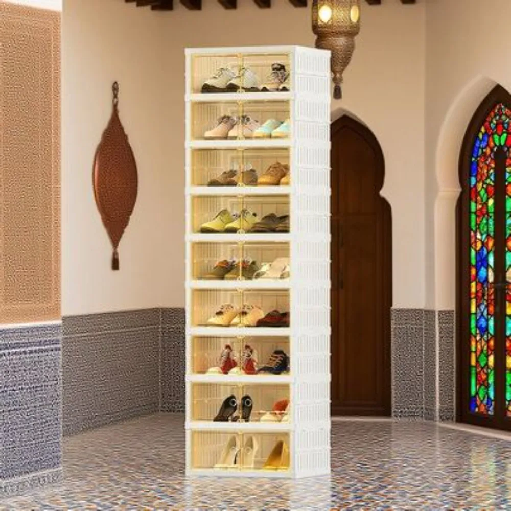9 Tier Foldable Shoe Cabinet Storage Organizer Holds 36 Pairs Clear Plastic Collapsible Stackable Shoe Boxes Large Capacity Portable Closet Shelving Unit for Hallway Entryway Living Room Bedroom Dorm view 4