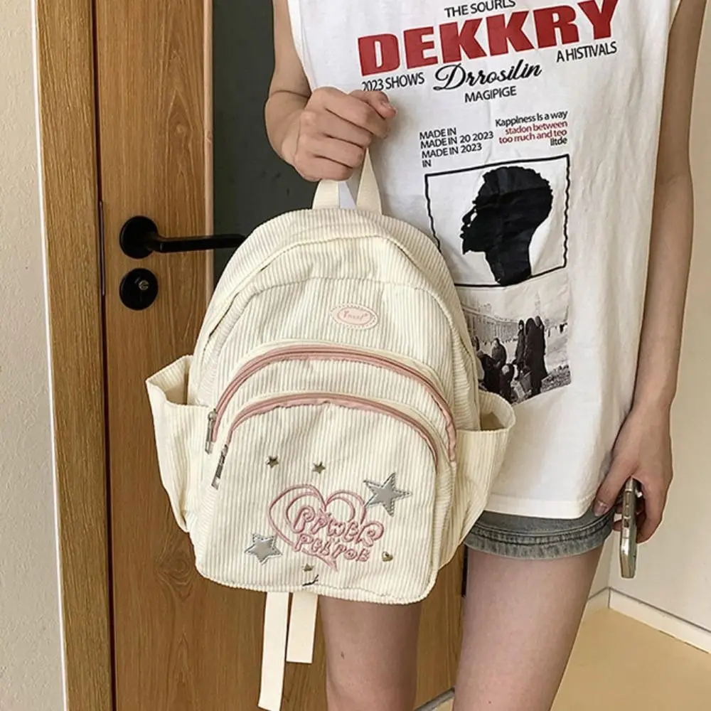 Small Pack Corduroy Backpack Korean Style Solid Color Star Love Shoulder Bag Multiple Pockets Fitness Casual Backpack Gift