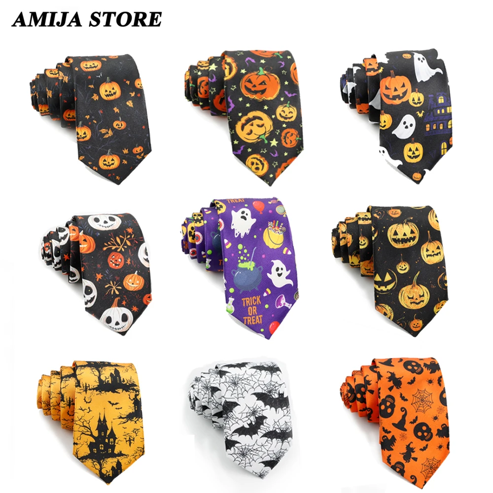 Unisex Halloween Style Design Tie Fashionable Pumpkin O'Lantern Castle Print Men's Tie Fun Wedding Party Cosplay Accessories