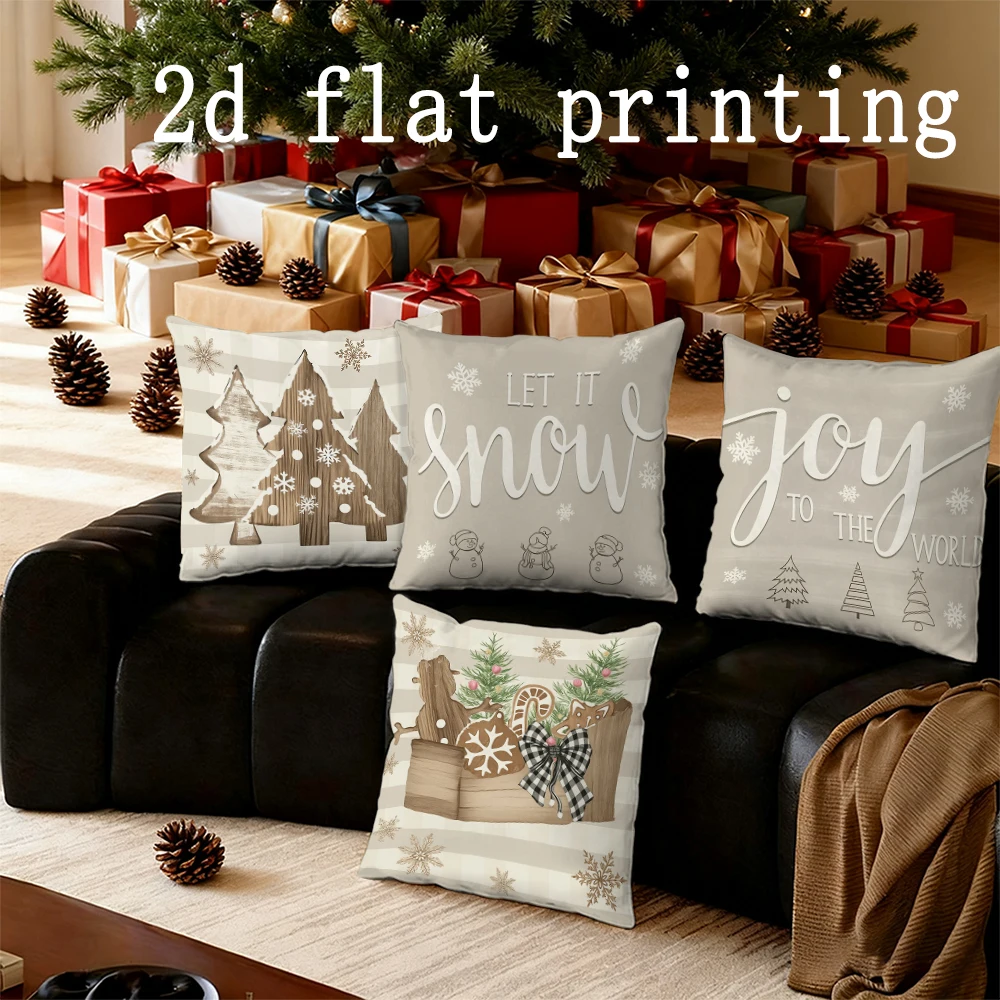 Home Decor Christmas Joy: Let It Snow & Tree Prints Pattern Cushion Cover Suitable for Sofa Bedroom Car Pillow Cover