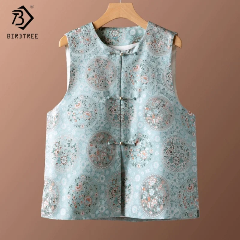 

Birdtree, жилет из 100% тутового шелка, женский парчовый жилет с круглым вырезом Song, однобортный, в китайском стиле, осенняя новинка 2023 года T5N710JF
