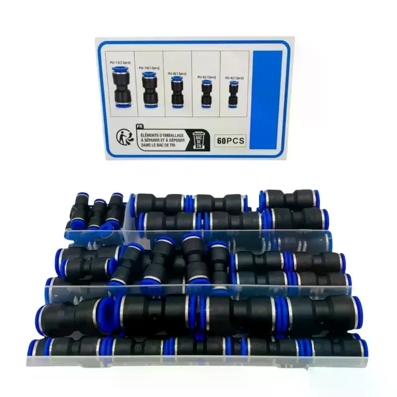Premium Material 60Pcs Pneumatic Quick Push Connectors Set 4/6/8/10/12mm Air Hose Fittings for Long Term Use