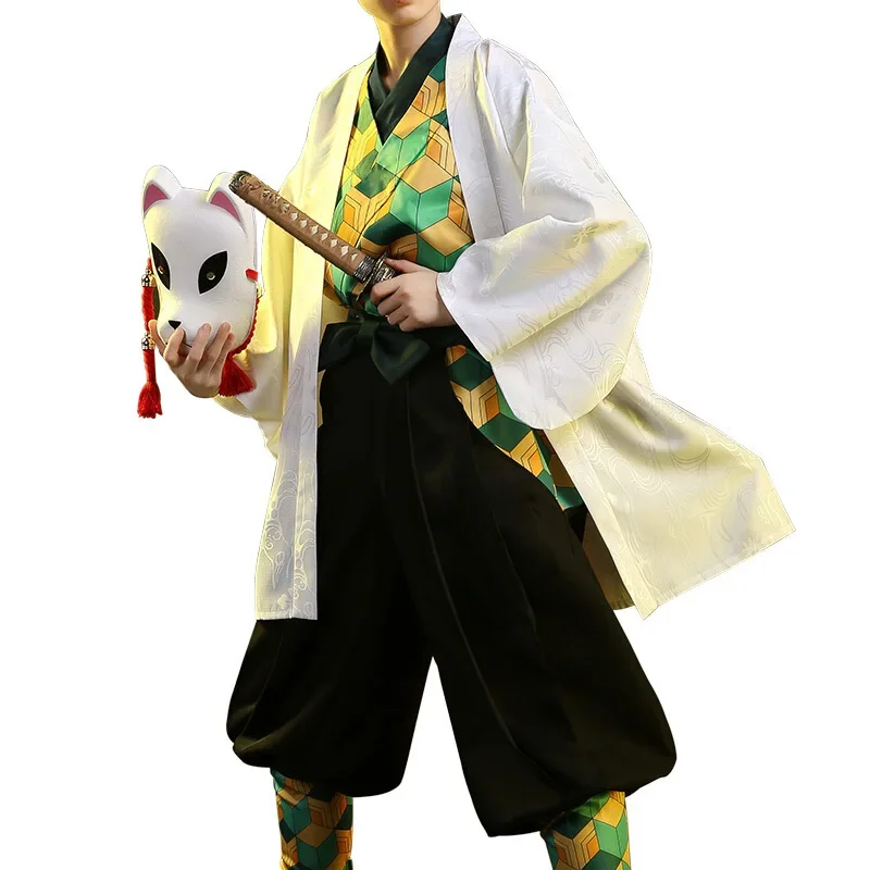 Anime Demon Slayer Sabito costumi Cosplay Kimetsu No Yaiba Kimono mantello bianco uomo cappotto fodera pantaloni parrucca costumi di Halloween