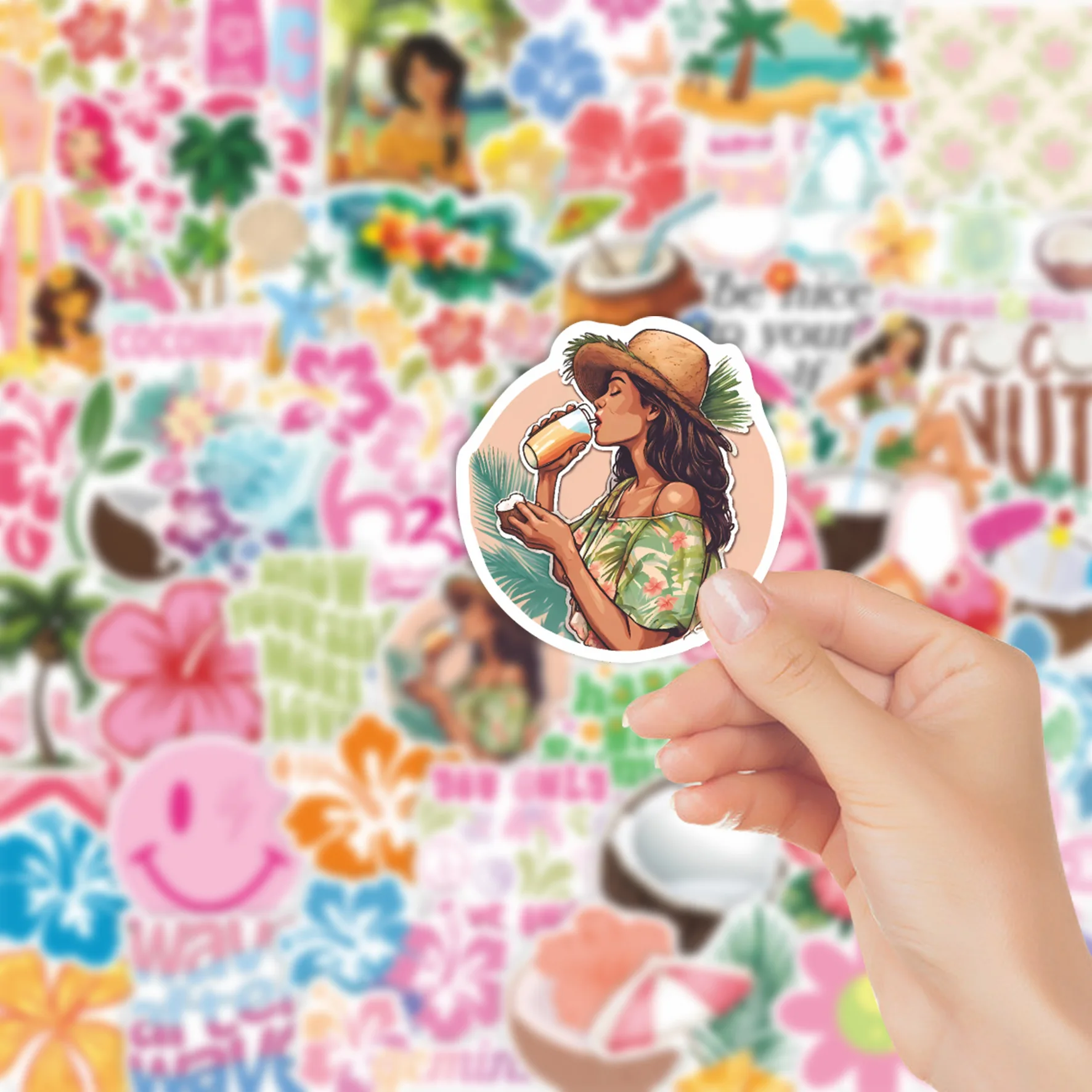 60pcs Summer Coconut Girl Graffiti Stickers Waterproof Diy Decals For Phone Laptop Ipad Glasses Case Notebook Luggage Decor