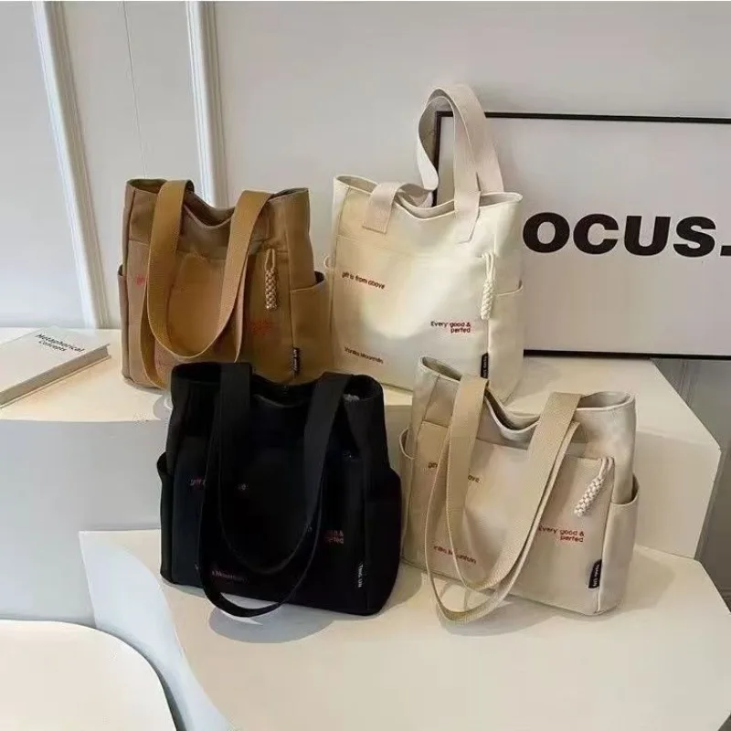 Thick Canvas Tote Bag Large Capacity Shoulder Handbag for College Students Commute Books Casual Ins Style