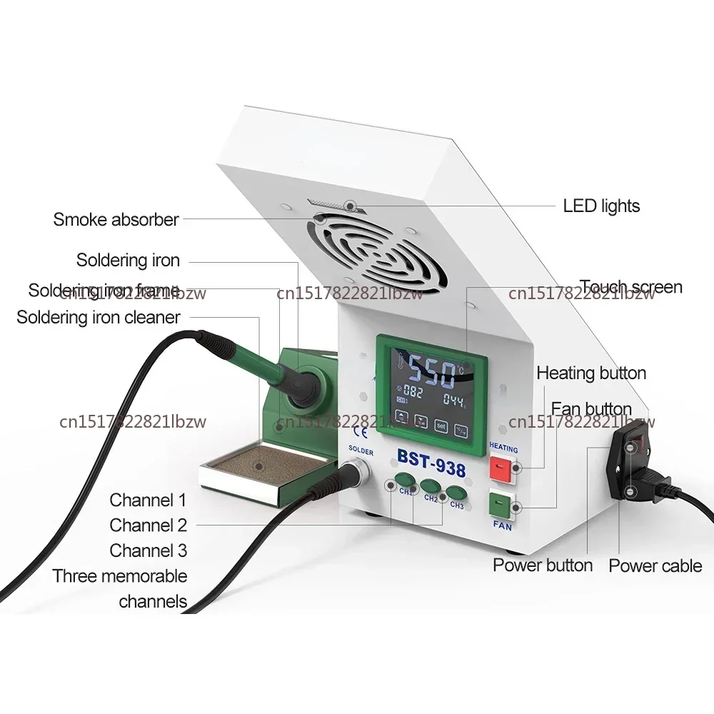 Hot SalesBST-938 Multi Function 3 In 1 LED Light Screen Touch Soldering Smoke Absorber Soldering Rework Station Soldering Iron