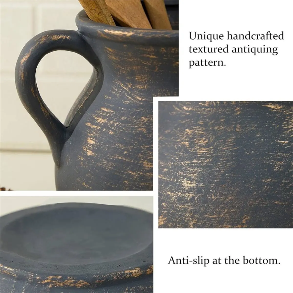 Rustic Kitchen Utensil Holder - 7.6 Inch Ceramic Utensil Crock for Countertop, Vintage Kitchen Counter Decor