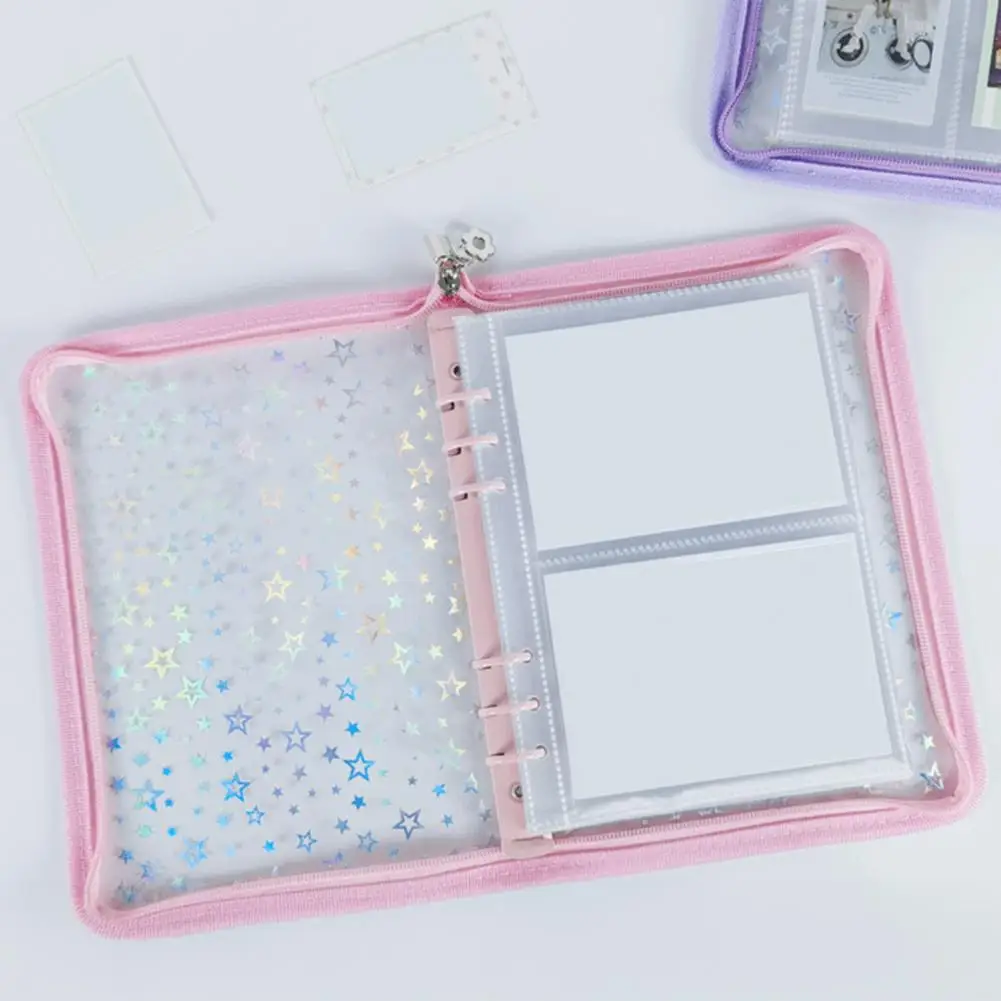 Zipper Binder Transparent Window Design Star Pattern PVC Cover Card Organizer with Multiple Slots Portable Card Holder Binder