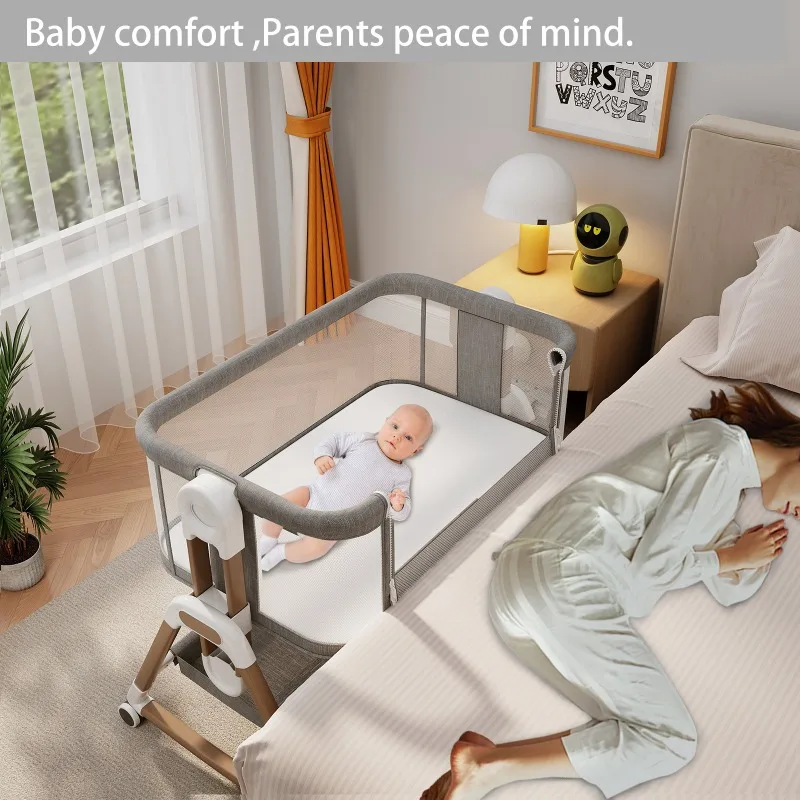 

Adjustable Baby Crib with Wheels - 4-in-1 Foldable Design Includes Mosquito Net, Mattress & Storage Shelf, Portable Cradle