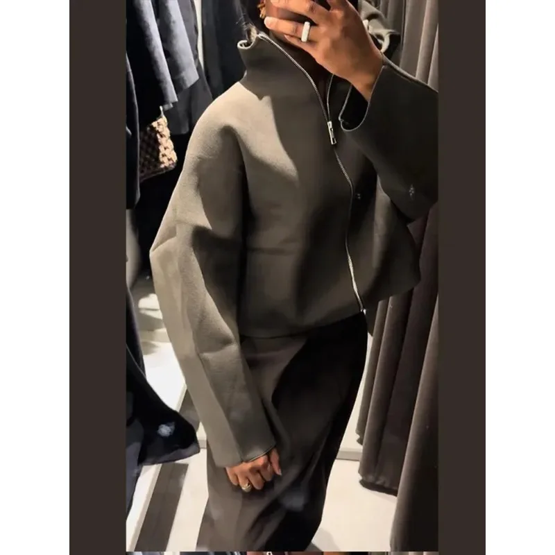 

Повседневная женская вязаная куртка-кардиган с воротником-стойкой, на молнии, свободного кроя, укороченная, 2026, для ежедневных поездок на работу