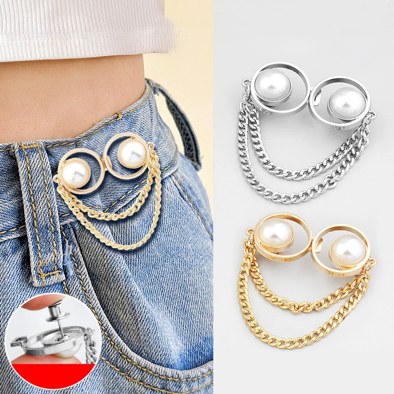 Jeans Button Adjuster For Pants Skirts Button Pearl Tassel Snap Fastener Pant Pin Sewing-Free Jeans Waist Buckle Accessories