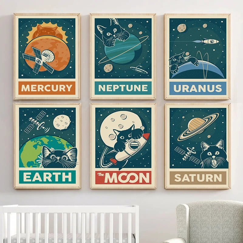 Funny Cat on Mars Moon Saturn Space Poster Canvas Painting Cartoon Wall Picture For Modern Living Room Home Decoration Cuadros