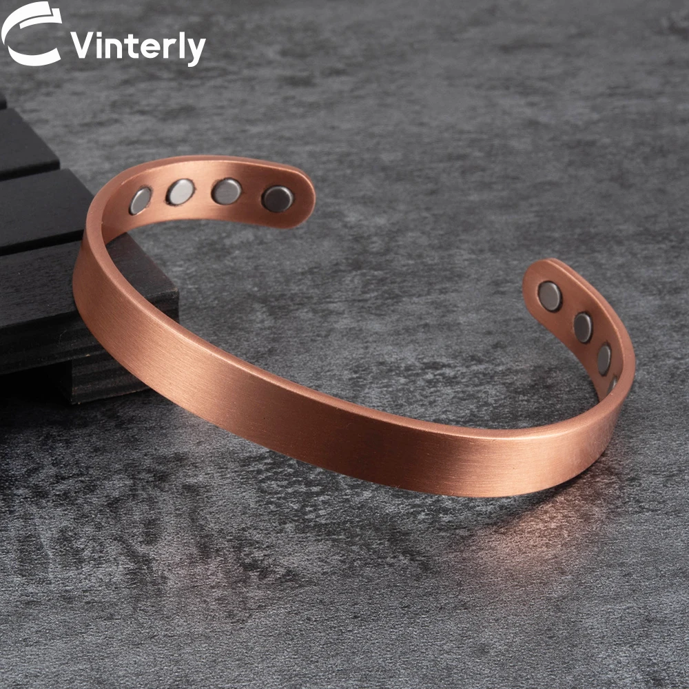 Vinterly Matte Pure Copper Bracelets Men Magnetic Arthritis Adjustable 10mm Wide Open Cuff High Magnet Energy Bangles Resizable