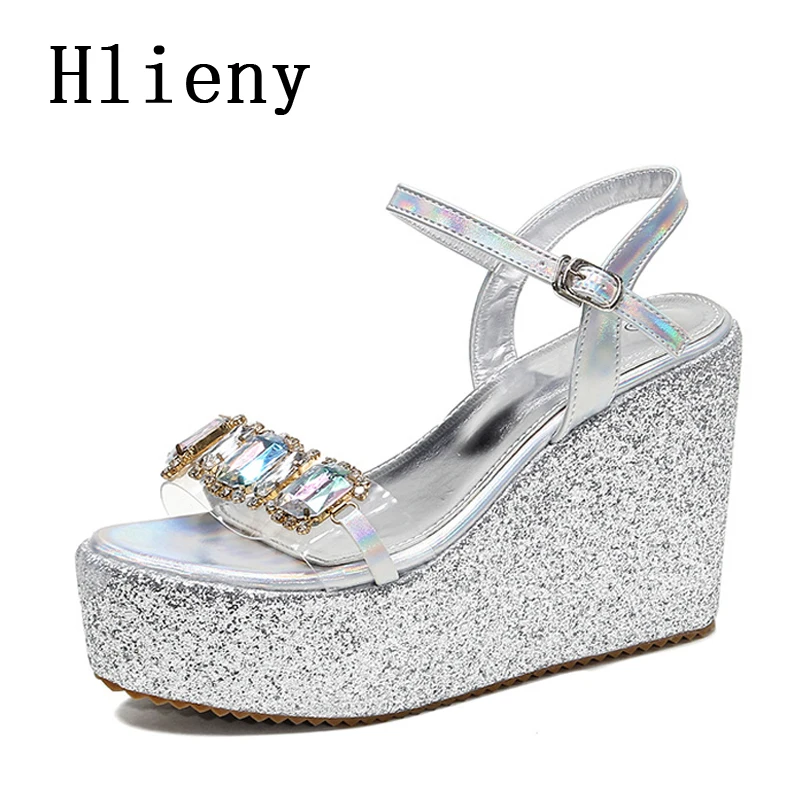 Hlieny Crystal Platform Wedges Buckle Strap Women Sandals Fashion Gladiator Open Toe High Heels Shoes Ladies Summer Pumps