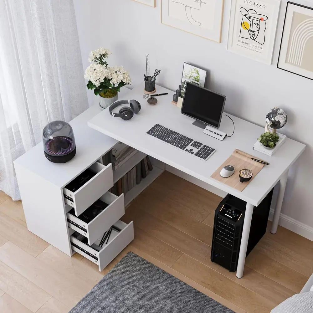 L Shape Computer Desk with 3 Drawers and 2 Shelves, Small Desk with Storage Cabinet or Writing Study Executive – White