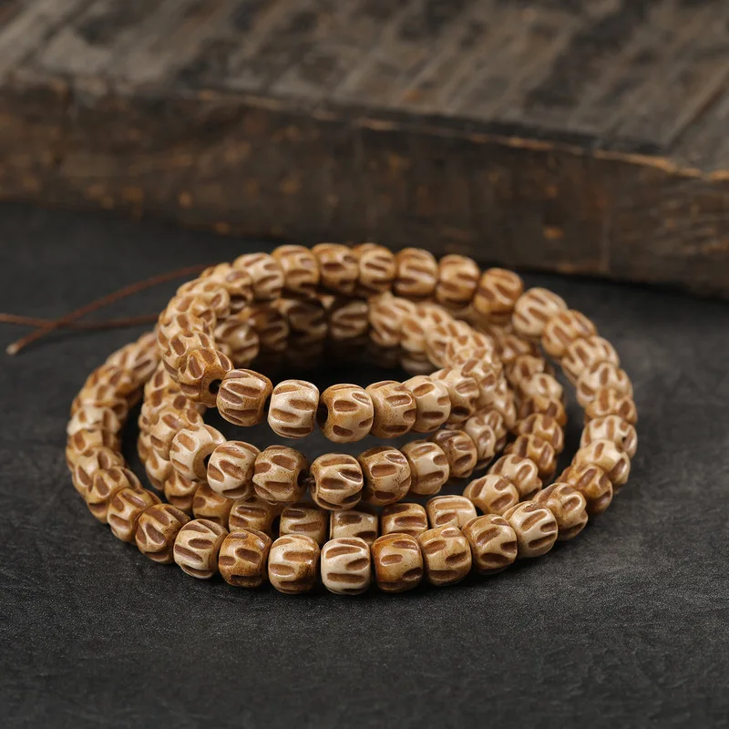 Natural Cow Bone Bead Bracelet 108 Buddha Beads Handmade Vintage Ethnic Style