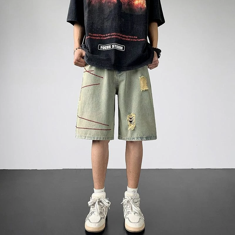 

Blue Man Half Denim Shorts Baggy Ripped Short Jeans Pants for Men Vintage Popular Xl Streetwear Summer Retro Distressed Designer