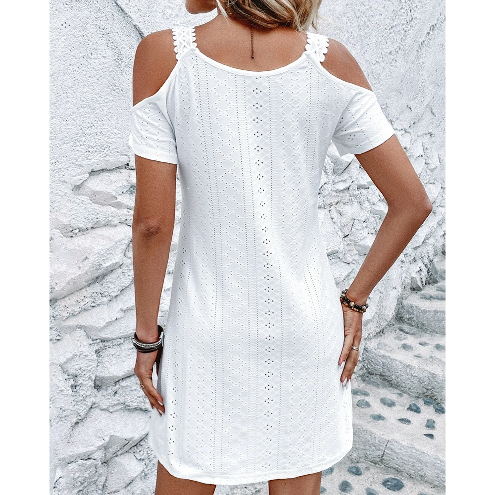 Robe Femme Elegant Women Lace Design Hollow Out V Neck White Dress Women Cold Shoulder Short Sleeve Elegant Dress Summer Vestido