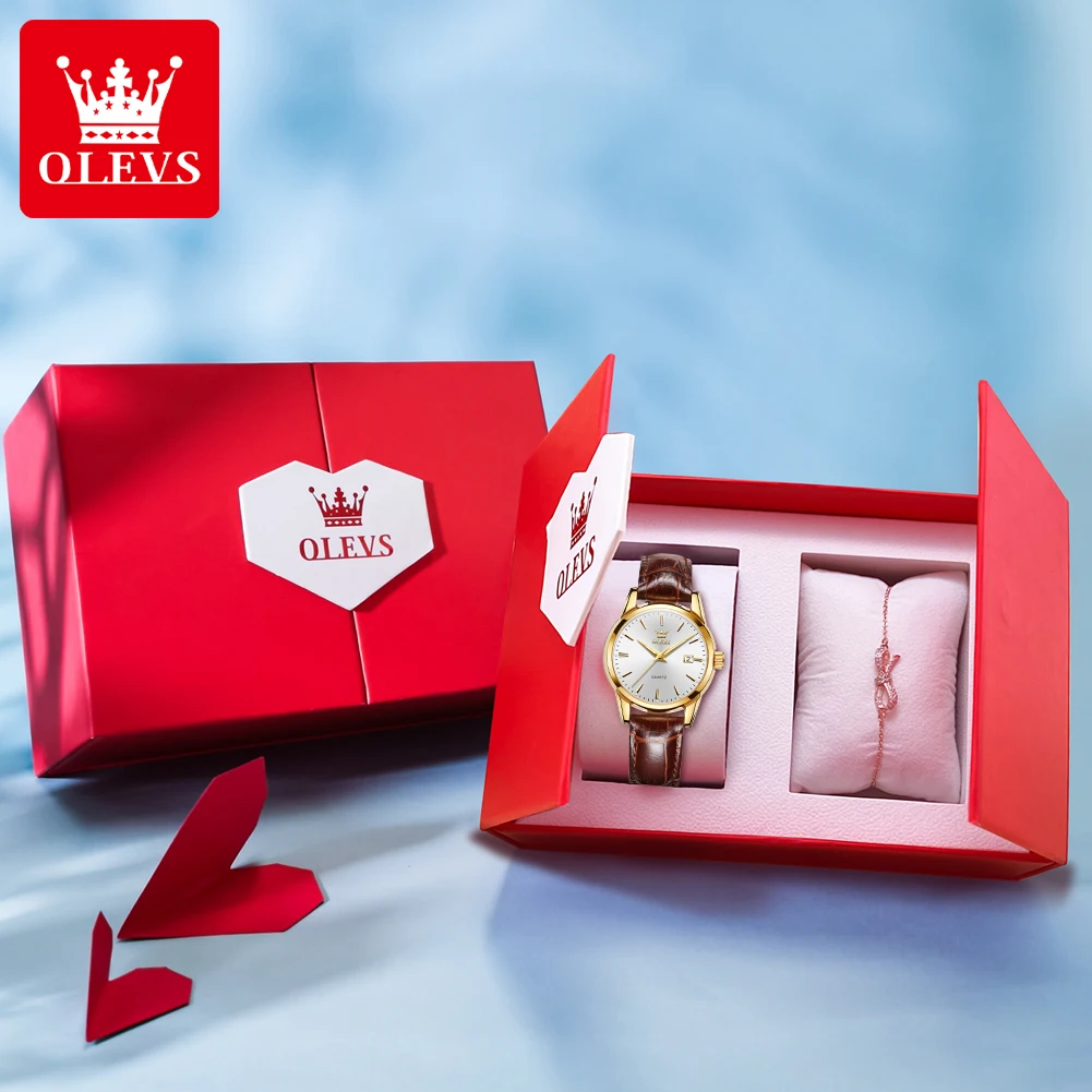 OLEVS 6898 Women Watch Original Watch  Quartz Watches Leather Strap Waterproof Luminous  Date Watch Bracelet Set Ladies' Gift