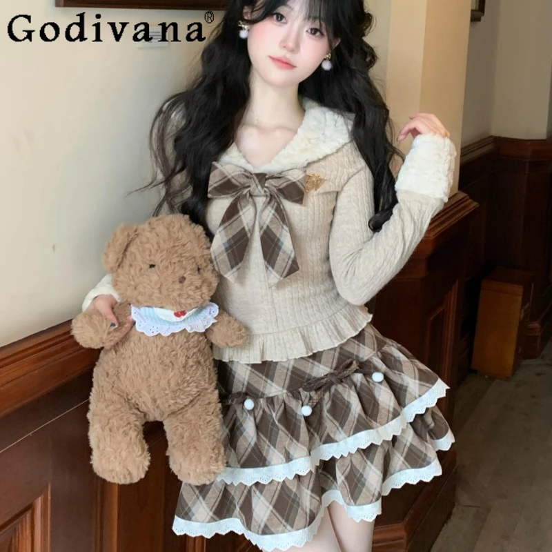 

Autumn New Lolita Outfits Women Navy Collar Bow Knitted Top Vintage Plaid Lace Puffy Short Skirt Set Female Japanse Style Suits