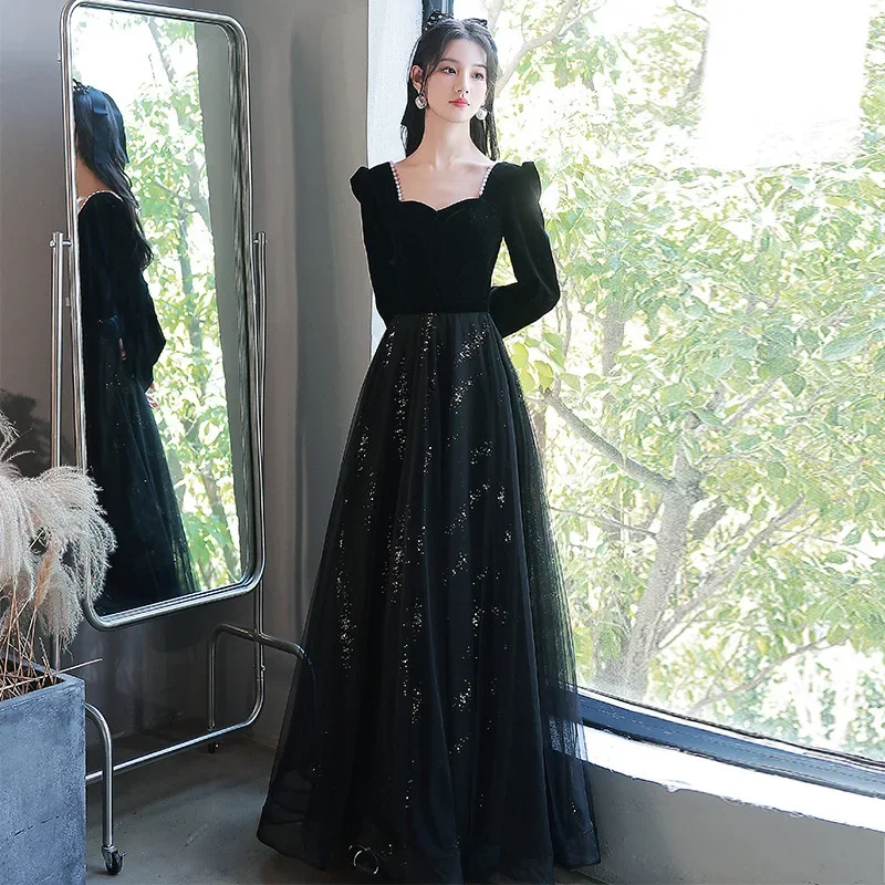 

Black Evening Dress Female Banquet Temperament Celebrity Art Test Dress 2024 New Summer Long Sleeve Annual Meeting