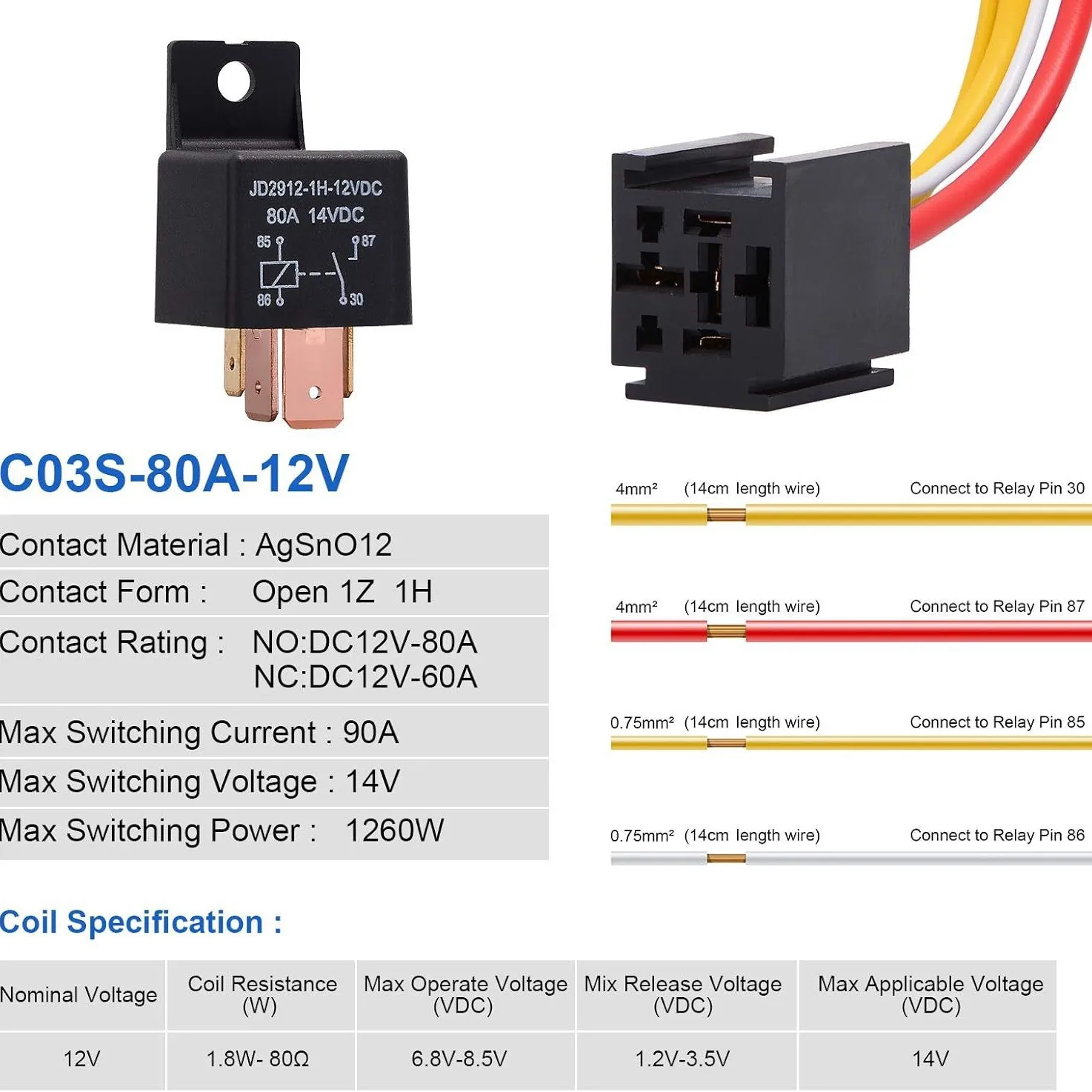 5PCS 80A 4 5 Pin Auto Car Relay DC 12V with 5 Wire Socket with 3 Copper Terminals & 2 Brass Terminals Automobile Control Device