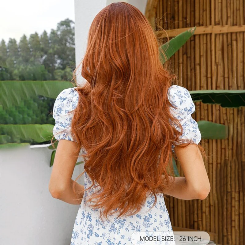 Long Wavy Orange Brown Synthetic Wig with Bangs, Cosplay