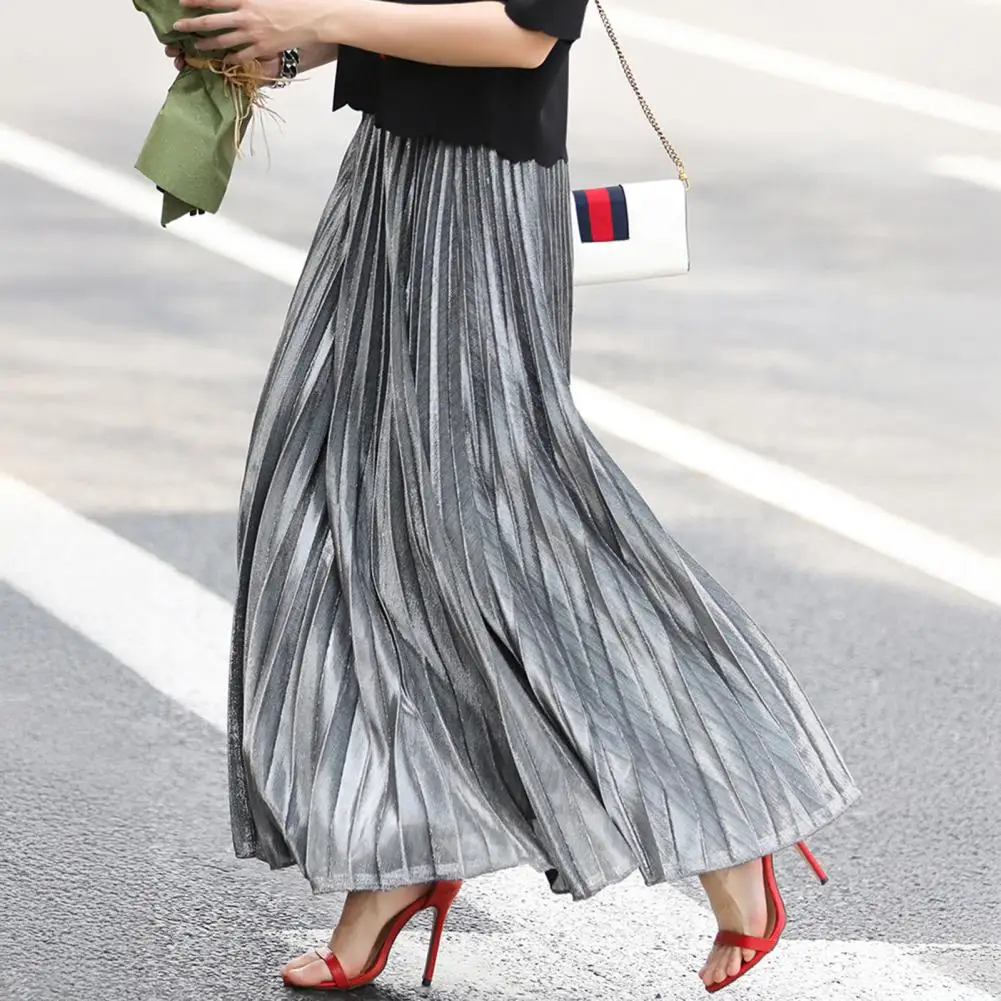 

Women's Metal Color Pleated Maxi Skirt Dress Spring Summer Elastic High Swing Gold Long Skirts Fold Wedding Skirt Female 2025