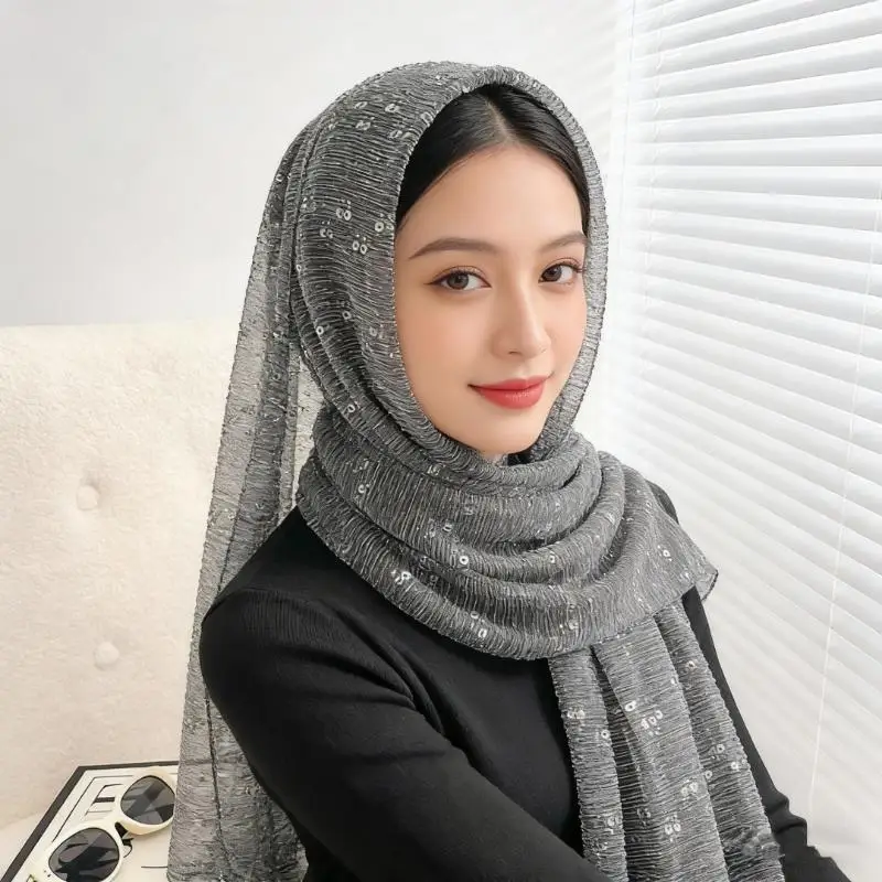 Holografischer Pailletten-Hijab für muslimische Frauen, glitzernder, funkelnder Schal, islamischer Kopftuch, leichter Abend-Party-Turban, Wickel-Schal – Detail 4
