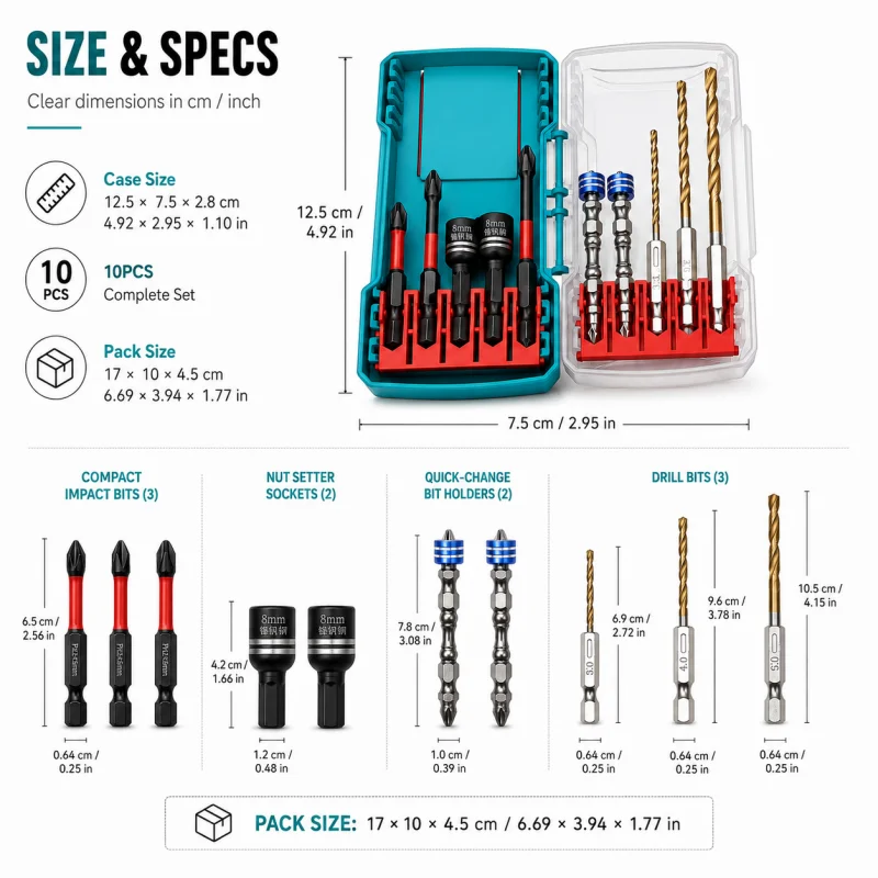 10PCS Impact Screwdriver Bit Set, Hex Shank Drill Bits Nut Sockets Kit for Wood Metal Plastic Repair Work