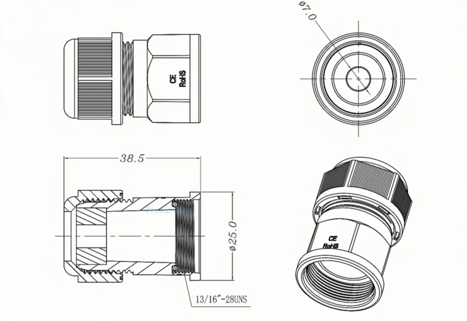 IP67 Wasserdichte PG-Abdichtung, fester Kopf, Gran-Kopf mit Unterlegscheibe, Nylon-Kunststoff-Kabelverschraubung zum Schutz der Außenverdrahtung. – Detail 1