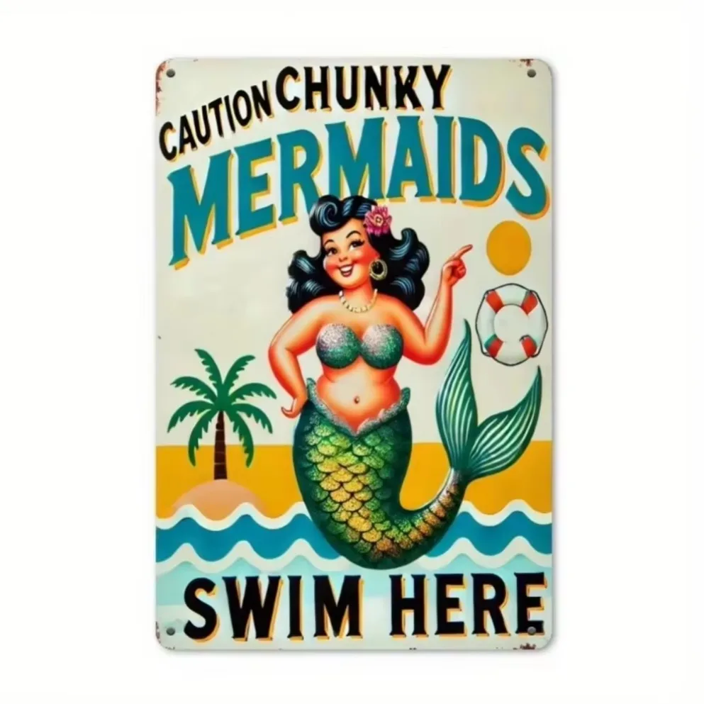 1PC "Caution Chunky Mermaids" Vintage Metal Wall Art | 2D Humorous Beach Scene with Palm Tree & Sun Design for Pool, Bathroom,