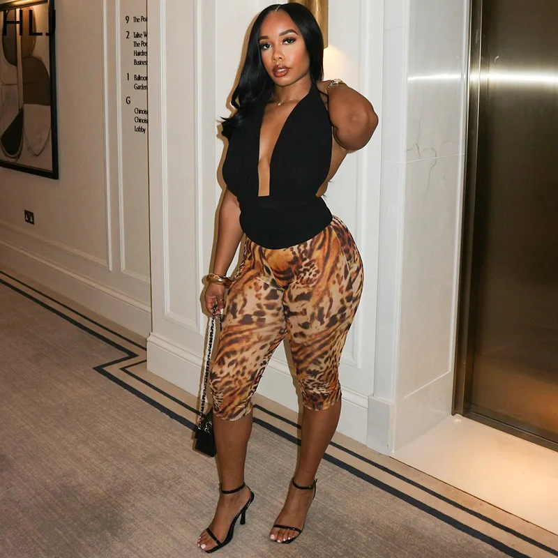 HLJ Sexy 2 Pieces Set for Woman Solid Backless Halter Crop Tops and Print Pants Matching Outfits Female Streetwear Clothing New