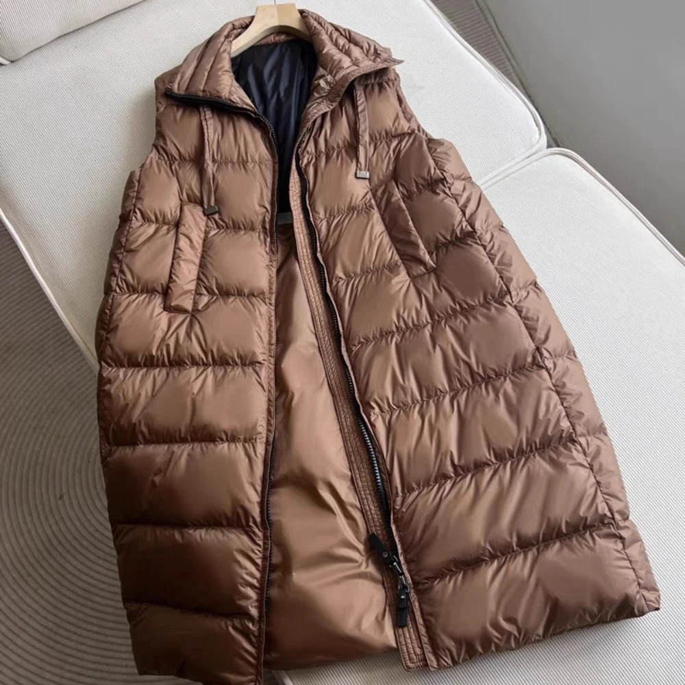 2025 New Autumn Winter Women Long Down Vest Fashion Casual Loose Warm Coat Knee Length Stand Collar 90 White Duck Down Jacket