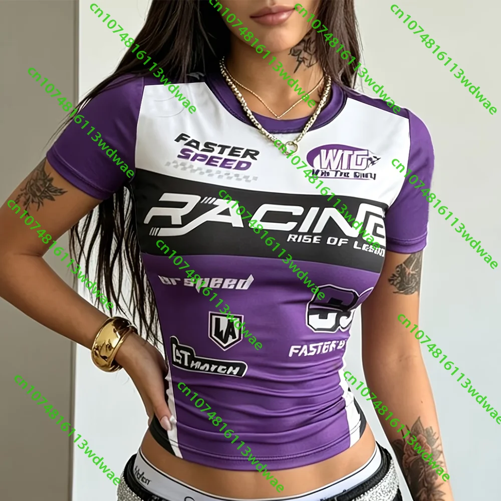 Damen-T-Shirt im Hot-Street-Style, Rennsport-Design, Farbblockierung, kurze Ärmel, amerikanischer Retro-Stil, bequeme, modische Streetwear-Oberteile – Detail 5