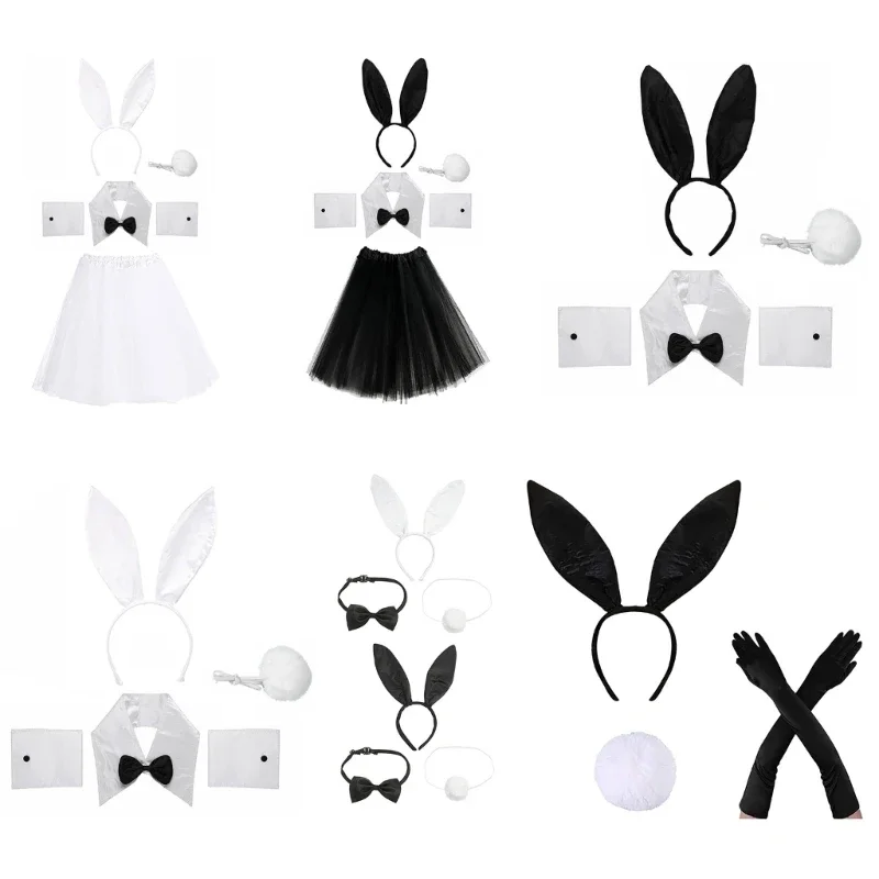 

Women Bunny Costume Role Rabbit Headband Tail Bowtie Cuffs Skirt Sexy Photography Props Party Cosplay Masquerade Wear