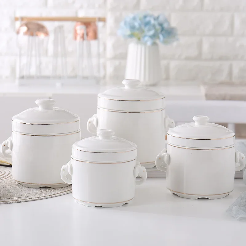 Pure White Ceramic Stew Pot Creative Elephant Trunk Handle Bone Porcelain Stew Cup Double Cover Soup Bowl Home Kitchen Supplies