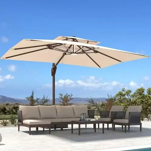 Square Modern Aluminum Sun Umbrella LED Lights Waterproof Anti-UV Eco-Friendly Plastic Base Outdoor Patio Hotel Dining