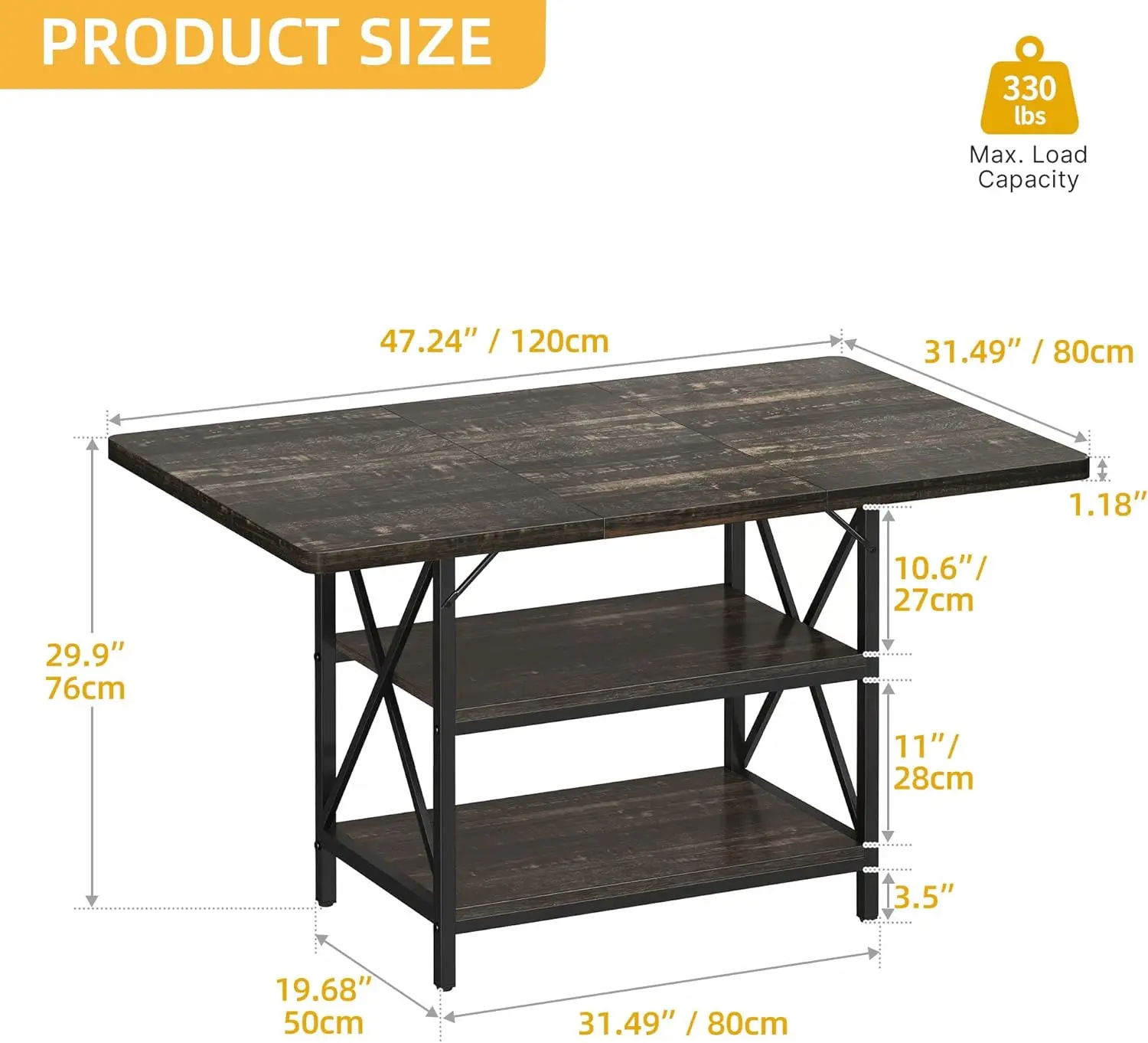 Mesa de sala de jantar 47 Polegada mesa de jantar retangular para 4 pessoas fazenda cozinha mesa de jantar rústica com prateleira de armazenamento e