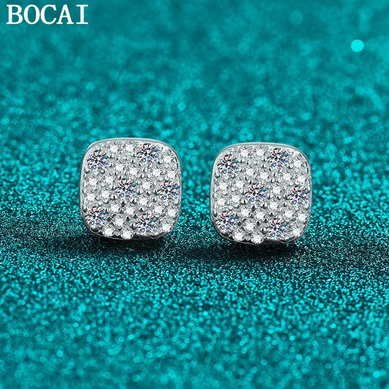 

BOCAI New S925 Sterling Silver Fashionable And Luxurious Inlaid With Moissanite Square Earrings Women's Gift