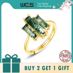 WES 925 Sterling Silver Unique Three Stone Moss Agate Rings for Woman Natural Gemstone 3*12mm Gold Plated Wedding Gifts Trendy