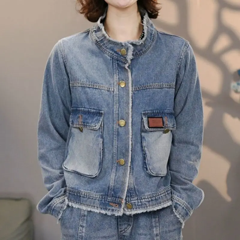 Vintage Raw-edge Tassels Denim Jacket Women Spring Autumn Cowboy Coat Short Top Loose Jeans Single-breasted Pockets Coat Trend