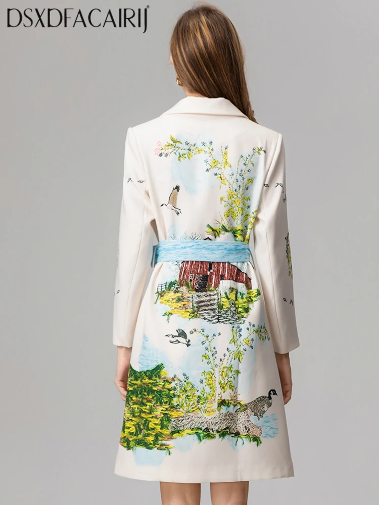 

DSXDFACAIRIJ Women's Double Breasted Coat Turn-Down Collar Lace-Up Long Sleeve Print High Street Outerwear for Autumn